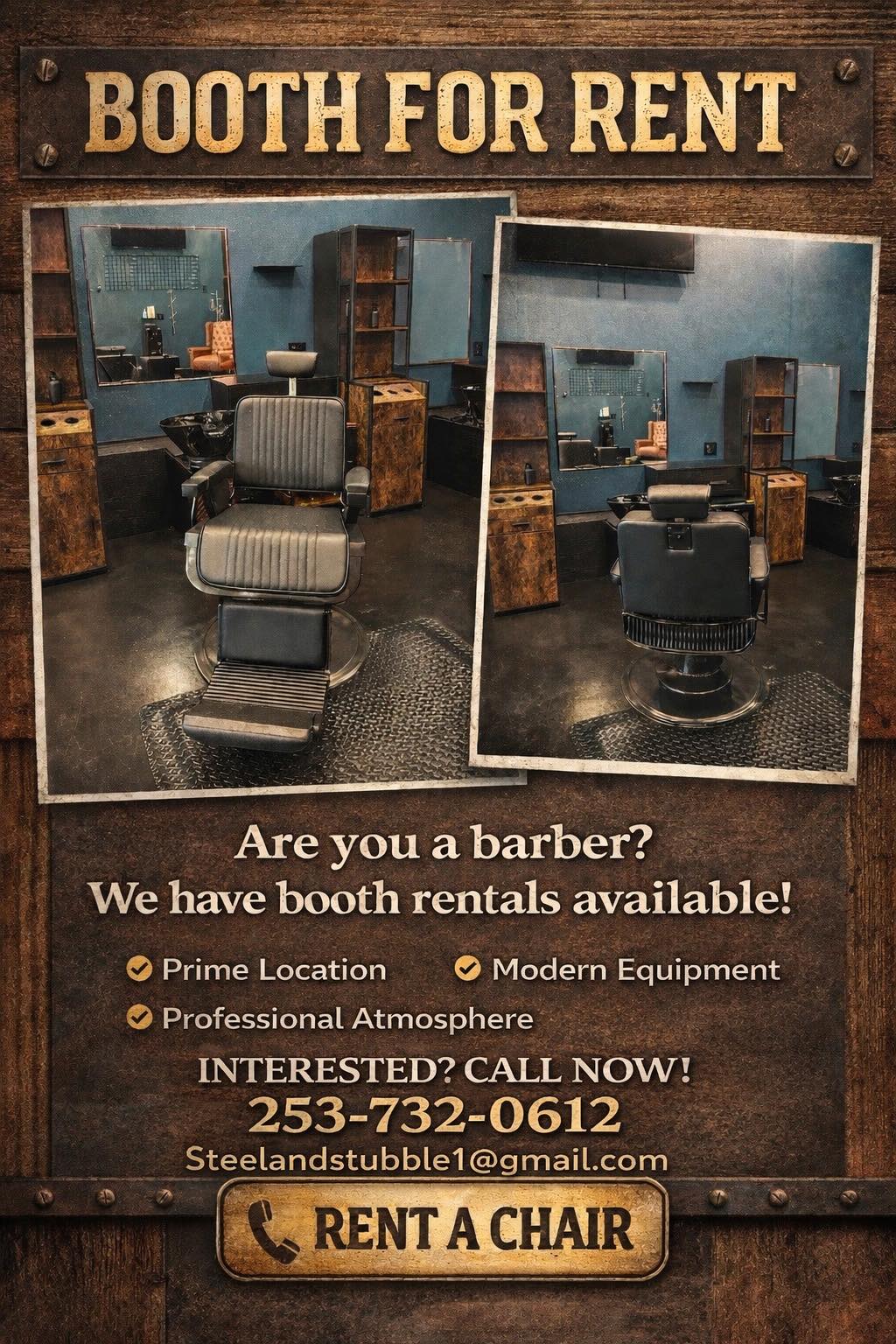 Steel & Stubble booth rental — fully equipped barbershop stations available in Roy, WA